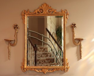 Carved Mirror With Beveled Glass And A Pair Of Sconces
