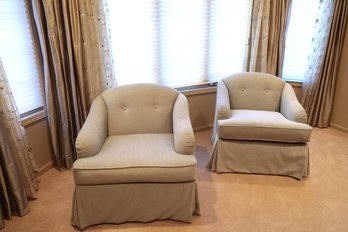 Pair Of Upholstered Swival Chairs In Seafoam Color.