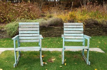 Two Teak Weathered Safavieh Turquoise Rockers