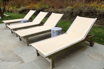 Kingsley Bate Teak And Sling Loungers And Pair Of  Anthropologie  Scalloped Ceramic Side Tables
