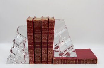 Pair Of Rogaska Crystal Bookends And 5 Leather Bound Vintage Charles Dickens Books- Shippable