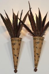 Pair Of Vintage Toleware Wall Pockets With Feathers- Shippable