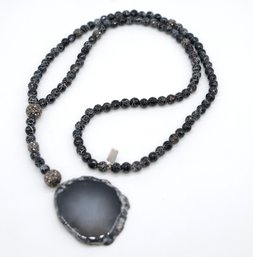Vintage Beaded Necklace With Gray Agate Pendant- Shippable