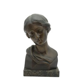 Vintage Bronze Bust Of A Serene Female Figure With Draped Garmet