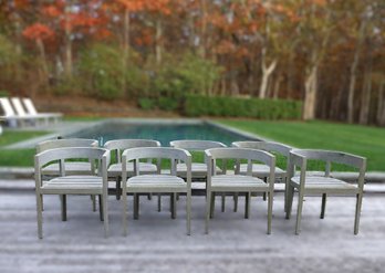 8 Outdoor Weathered Wash Gray Teak Round Back Chairs