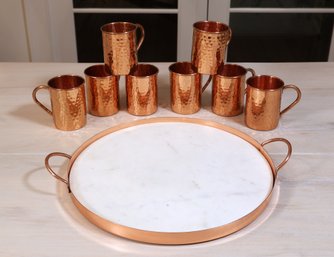 8 Hand Hammered Copper Cups And Beautiful White Marble And Copper Tray-shippable