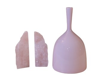Pair Of Rose Quartz Bookends And Soft Pink Art Glass Vase