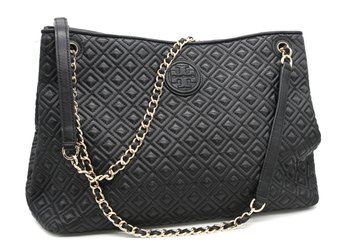 Tory Burch Black Gold Diamond Quilted Marion Leather Handbag- Shippable