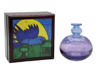 Kosta Boda Bart Glass Bottle And Lovely Box With Bird Painting- Shippable