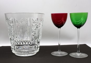 WATERFORD Ice Bucket And Two BACCARAT Wine Glasses- Shippable