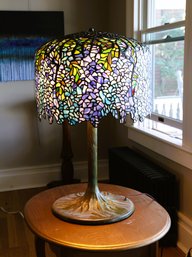 Amazing Large Wisteria Stain Glass With Bronze Base Table Lamp