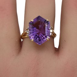 Vintage 14k Yellow GOLD With Diamonds And Large Amethyst- Shippable