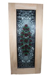 Light Wood Entry Door With A Full-length Hand Made Stained Glass Panel Featuring A Red Rose Design