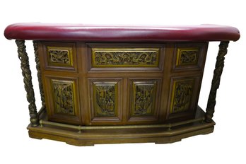 Mid-century Asian-inspired Carved Wooden Bar With A Red Top.
