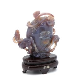 Chinese Agate  On A Wooden Base - Signed
