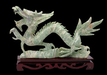 Hand-carved Chinese Jade Dragon Sculpture On A Wooden Stand Plinth And Box-shippable