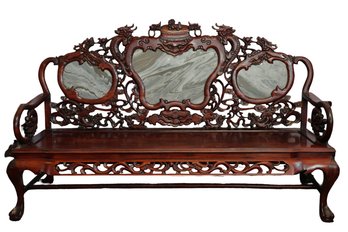 Chinese Carved Redwood Long Bench Or Settee With Marble Inserts