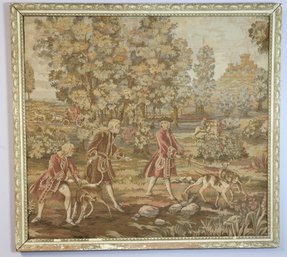 Vintage Framed French Aubusson-style Jacquard Woven Tapestry Depicting An 18th-century Hunting Scene
