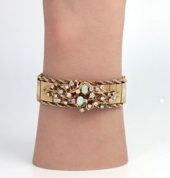 Vintage 14k Yellow Gold Cabochon Opals And Diamond Hinged Bangle Bracelet-shippable