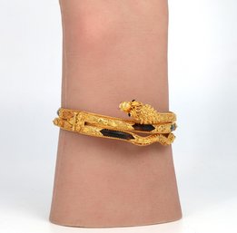 22k Yellow Gold Bangle Bracelet Featuring A Highly Detailed Dragon Motif With Black Enamel Accents-shippable