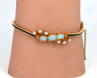 14k Yellow Gold Opal And Diamond Hinged Bangle Bracelet-shippable