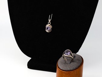 Sterling Silver Purple Sapphire Pendant & Ring Set-shippable