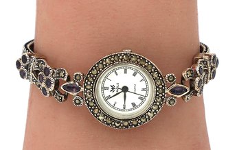 Ladies Sterling Silver Marcasite With Stones Watch -shippable