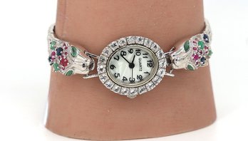 Sterling Silver Watch Featuring Emerald, Ruby, And Sapphire Gemstones Quartz Watch-shippable