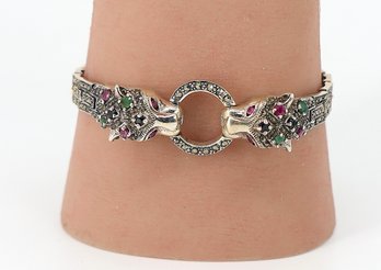 Sterling Silver Double-headed PANTHER Bracelet Set With Emeralds, Rubies, And Marcasite Stones-shippable