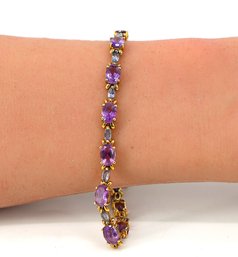 10kt Yellow Gold Oval Amethyst & Tourmaline Tennis Bracelet- Shippable