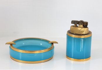 Vintage Blue Opaline Ashtray And Lighter- Shippable