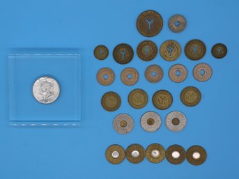 1964 Silver Liberty Half Dollar And Vintage NYC Transit Tokens