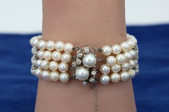 STUNNING 14kt White Gold Multi-strand Pearl And Diamond Bracelet-shippable