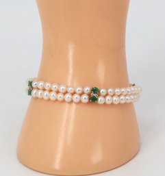 14kt Yellow Gold Double-strand Pearl Bracelet With Emeralds-shippable