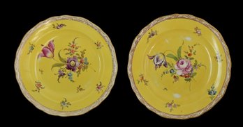Antique Pair Of Meissen Porcelain Yellow Ground Floral Plates- Shippable