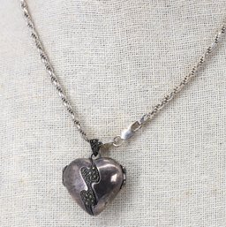 Vintage Sterling Silver Marcasite Puffy Heart Locket On Rope Necklace - 1.35 Ozt