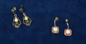 Set Of Two Sterling Pairs Of Drop Earrings -Marcasite Opal And Pink Tourmaline -shippable