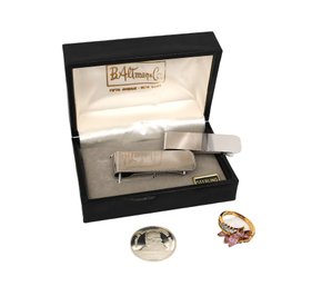 Vintage Collection Of Sterling Money Clips, Ring And Franklin Mint Society Coin- Shippable