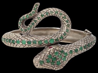 Vintage Sterling Silver Snake Bracelet With Emeralds - 1.51ozt Shippable