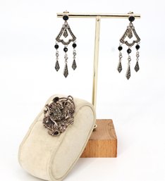 Vinatge Marquisite Sterling  Earrings & Frog Pin