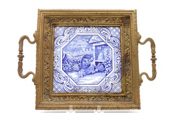 Fantastic Minton And Hollins Tile With Bronze Tray With Swan Handles- Shippable