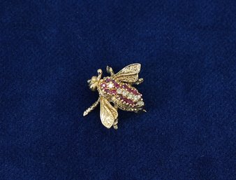 Vintage 14k Yellow Gold  Ruby & Diamond Bee Pin  2.2g- Shippable