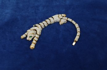 Articulating Panther  Costume Jewelry Bracelet With Pave-set Rhinestones And Green Eyes-shippable