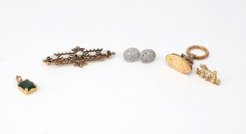 14kt GOLD Collection Of Vintage Earrings, Pin Pendant Charmsand Watch Clip