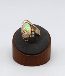 18kt Yellow GOLD Bypass Ring Featuring Opal And Diamond Ring With A Leaf Design-shippable