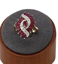 10K Yellow Gold Vintage Marquise Ruby And Diamond Waterfall Ballerina Cocktail Ring-shippable