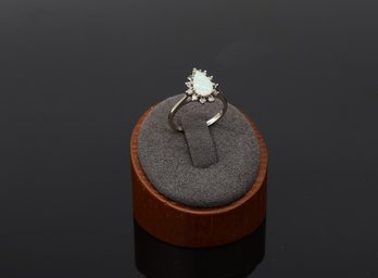 Vintage 14kt White GOLD Pear-shaped Opal And Diamond Halo Ring  -shippable