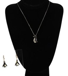 White GOLD Penguin On Box Chain Necklace & 14kt Yellow Gold Penguin Earrings -shippable