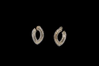 14k Yellow GOLD Diamond Swirl V Shape Statement Stud Earrings Featuring Round & Baguette Diamonds-shippable