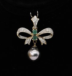 Vintage 14k Yellow GOLD Pendant With Tahitian Pearl Drop, Diamonds And Emeralds- Shippable
